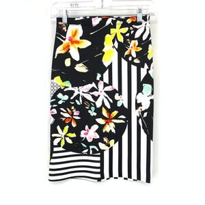 Clover Canyon Floral Stripe Neoprene Pencil Skirt Womens size XS Black White